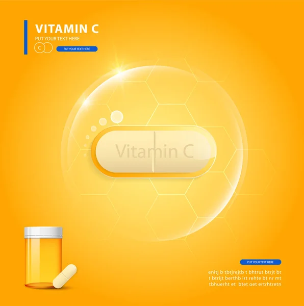 Vitamina Pílula Brilhante Ouro Com Fórmula Química Ácido Ascórbico — Vetor de Stock