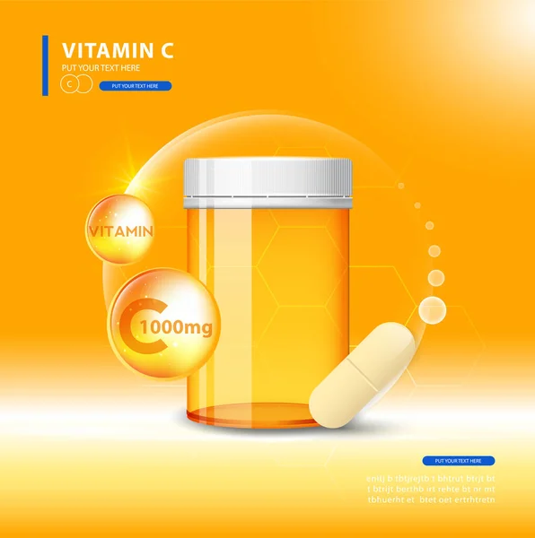 Vitamina Pílula Brilhante Ouro Com Fórmula Química Ácido Ascórbico — Vetor de Stock