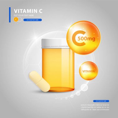 C vitamini altın parlayan hap, kimyasal formüllü, akrep asit. 