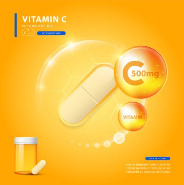 C vitamini altın parlayan hap, kimyasal formüllü, akrep asit. 
