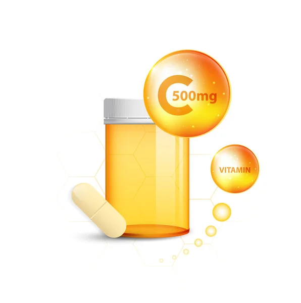 Vitamin Gold Shining Pill Chemical Formula Ascorbic Acid — Stock Vector