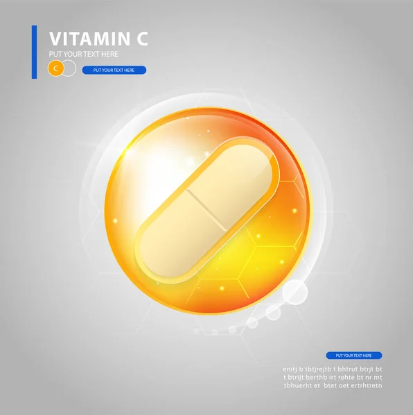 Vitamina Pílula Brilhante Ouro Com Fórmula Química Ácido Ascórbico — Vetor de Stock