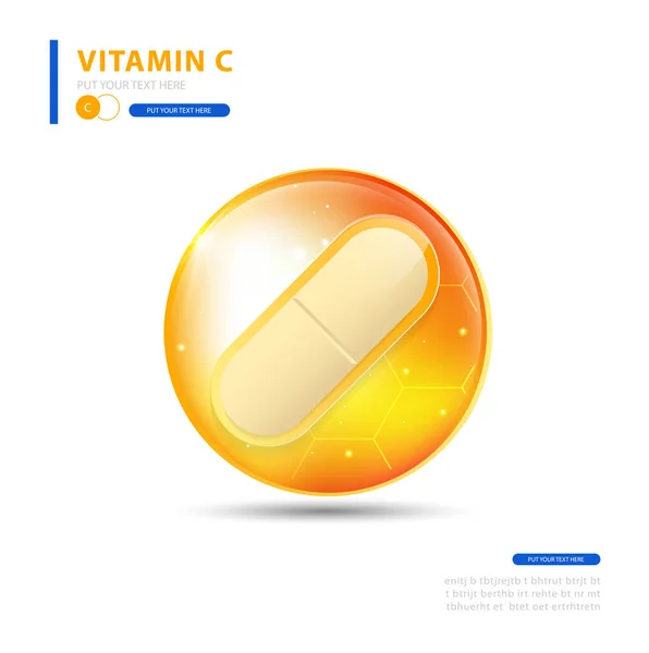 Vitamina Oro Brillante Píldora Con Fórmula Química Ácido Ascórbico — Archivo Imágenes Vectoriales