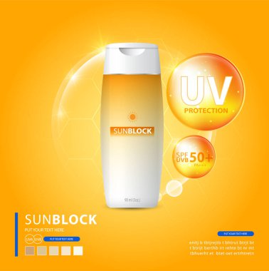 Güneş kremi reklamları şablon, güneş koruma kozmetik ürünleri nemlendirici krem ya da sıvı, parlak polka ile ışıl ışıl arka plan.