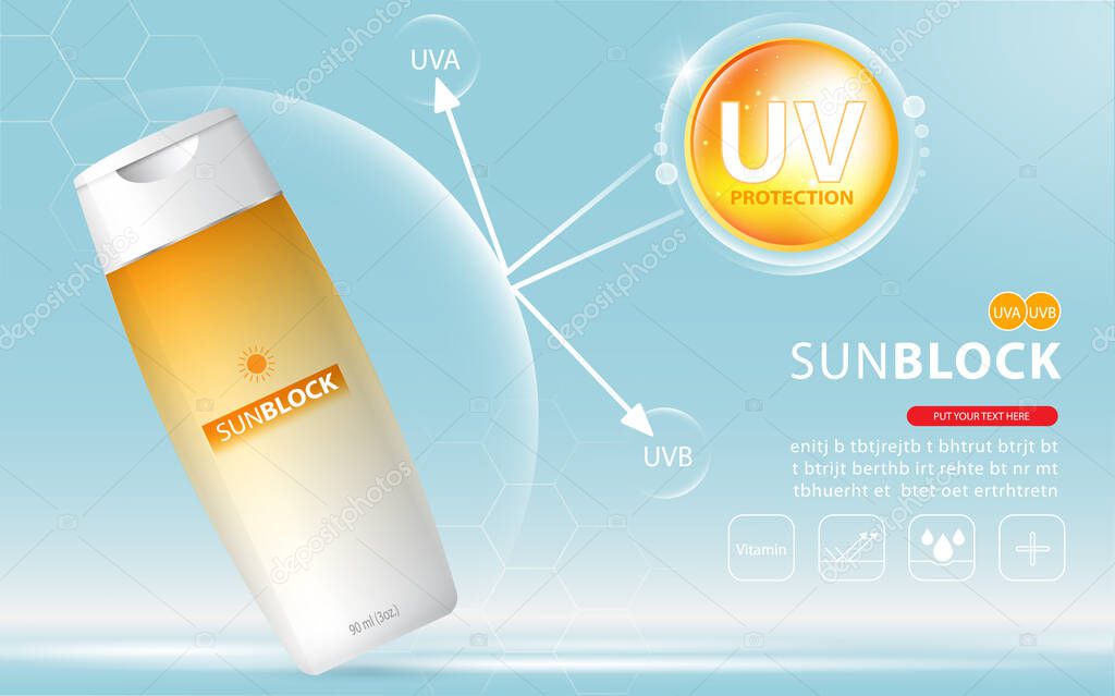 Sunblock ads template, sun protection cosmetic products design with moisturizer cream or liquid, sparkling background with glitter polka.