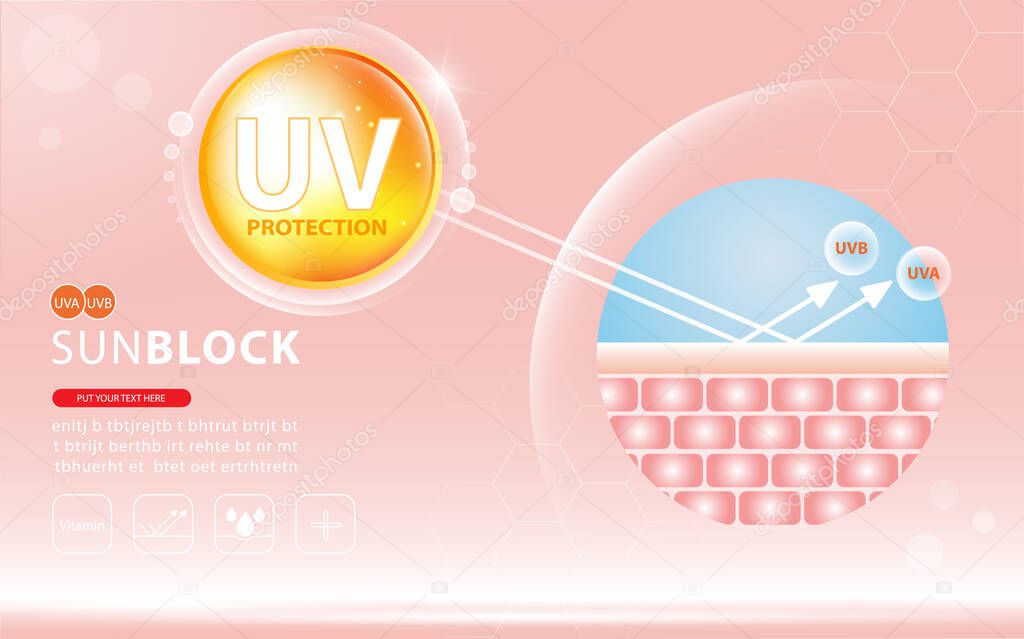 Sunblock ads template, sun protection cosmetic products design with moisturizer cream or liquid, sparkling background with glitter polka.