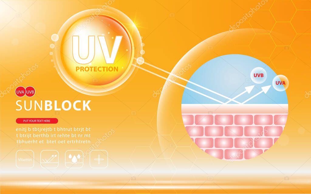 Sunblock ads template, sun protection cosmetic products design with moisturizer cream or liquid, sparkling background with glitter polka.