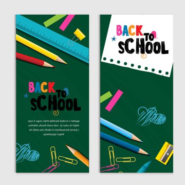Kalemlerden yapılmış okul vektör tasarımı konseptine dönelim. okul aksesuarları ile modern tasarım şablonu.