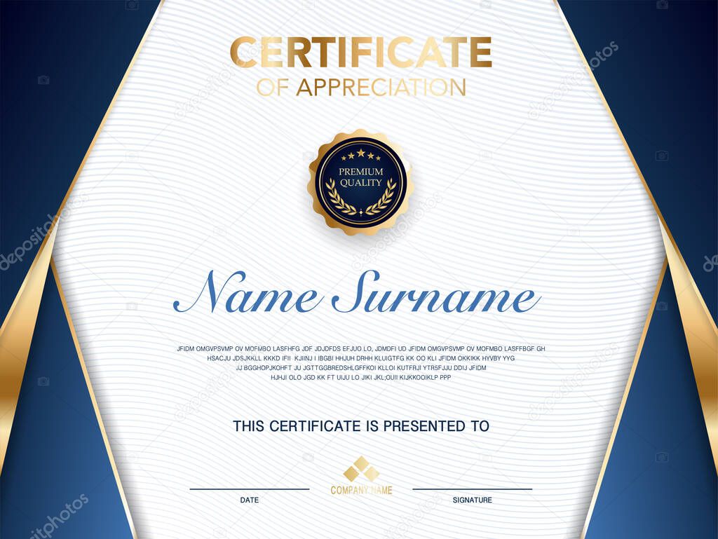 diploma certificate template blue and gold color with luxury and modern style vector image, suitable for appreciation.  Vector illustration