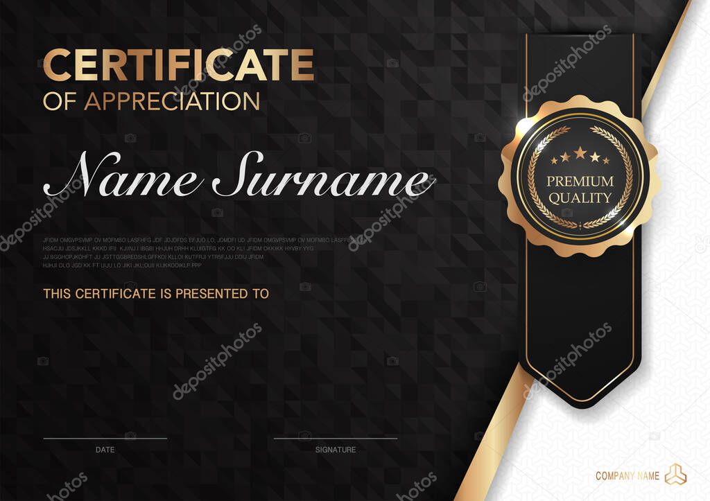 Certificate template black and gold with luxury style image. Diploma of geometric modern design. eps10 vector.