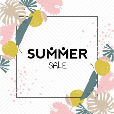 Tropikal yaprak desenli yaz. Palmiye yaprağı, muz yaprağı, amber çiçeği. Orman ağaçları. Botanik vektör tasarımı.