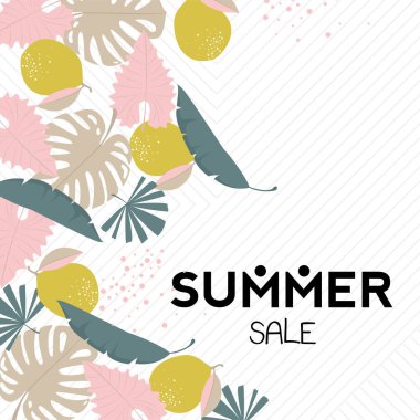 Tropikal yaprak desenli yaz. Palmiye yaprağı, muz yaprağı, amber çiçeği. Orman ağaçları. Botanik vektör tasarımı.