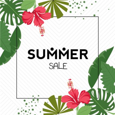 Tropikal yaprak desenli yaz. Palmiye yaprağı, muz yaprağı, amber çiçeği. Orman ağaçları. Botanik vektör tasarımı.