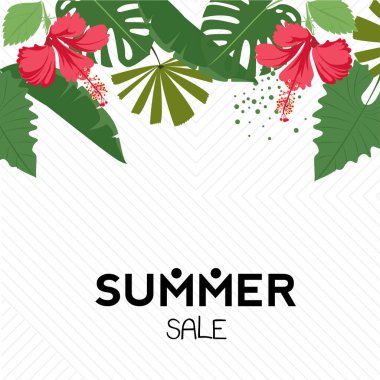 Tropikal yaprak desenli yaz. Palmiye yaprağı, muz yaprağı, amber çiçeği. Orman ağaçları. Botanik vektör tasarımı.