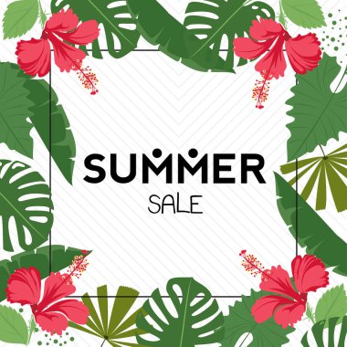 Tropikal yaprak desenli yaz. Palmiye yaprağı, muz yaprağı, amber çiçeği. Orman ağaçları. Botanik vektör tasarımı.