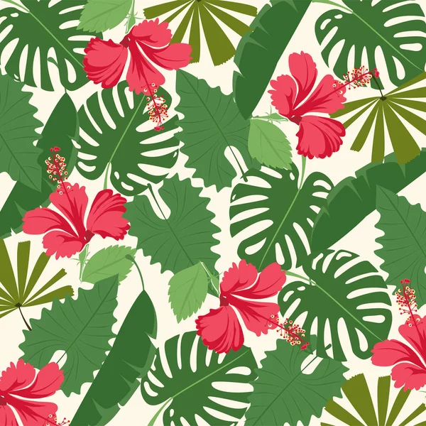 Patrón Hojas Tropicales Verano Hoja Palma Hoja Plátano Hibisco Flores — Vector de stock