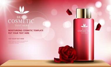 Gül cilt bakımı kozmetik ürün posteri, nemlendirici krem ya da sıvı içeren şişe paketi tasarımı, ışıltılı polka, vektör tasarımı.