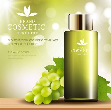 Üzüm tohumu cilt bakımı kozmetik ürün posteri, nemlendirici krem ya da sıvıyla şişe paketi tasarımı, parıltılı polka ile ışıltılı arka plan, vektör tasarımı.