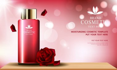 Gül cilt bakımı kozmetik ürün posteri, nemlendirici krem ya da sıvı içeren şişe paketi tasarımı, ışıltılı polka, vektör tasarımı.