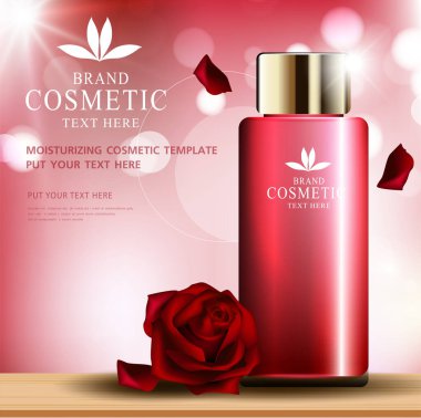 Gül cilt bakımı kozmetik ürün posteri, nemlendirici krem ya da sıvı içeren şişe paketi tasarımı, ışıltılı polka, vektör tasarımı.