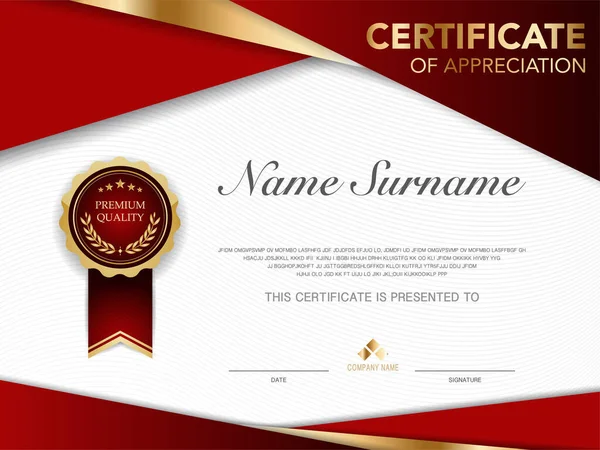 Certificaat Sjabloon Rood Goud Luxe Stijl Afbeelding Diploma Geometrische Moderne — Stockvector