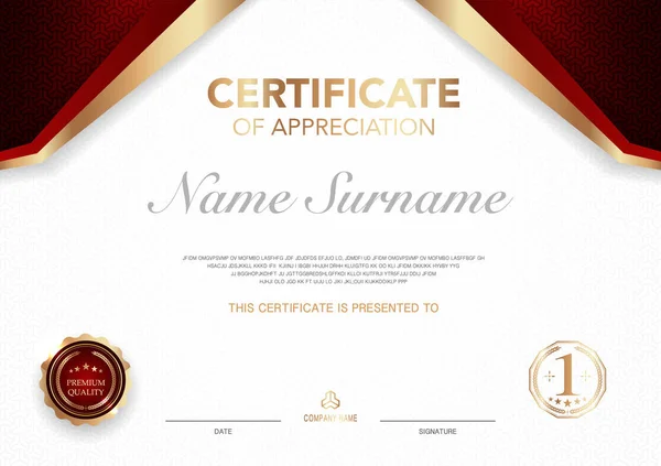 Modello Certificato Immagine Stile Lusso Rosso Oro Diploma Design Geometrico — Vettoriale Stock