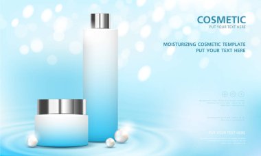 Kozmetik ürün posteri, nemlendirici krem ya da sıvıyla şişe paketi tasarımı, ışıltılı polka, vektör tasarımı.