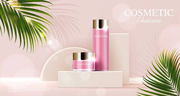 Реклама косметики или средств по уходу за кожей с бутылкой, розовый фон с тропическими листьями. векторная иллюстрация