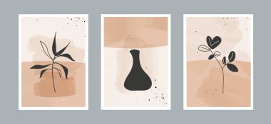 Duvar dekorasyonu, kartpostal ya da broşür kapağı tasarımı için farklı şekillere sahip çizgiler ve sanat arka planında modern soyut çiçekler. Vektör çizimleri tasarımı.
