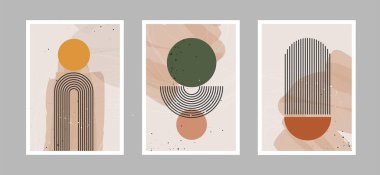 Duvar dekorasyonu, kartpostal ya da broşür kapağı tasarımı için farklı şekillere sahip çizgiler ve sanat arka planında modern soyut çiçekler. Vektör çizimleri tasarımı.