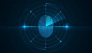 Parmak izi taraması, devre kartında parmak iziyle birlikte soyut güvenlik sistemi konsepti. Siber güvenlik kavramı. vektör çizimi tasarımı.