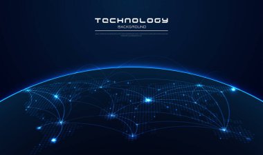 İnternet işi için iletişim teknolojisi. Dünyadaki küresel iletişim ağı ve telekomünikasyon. Gezegenin haritası. Dünya haritası. wlobal sosyal ağ. vektör çizimi tasarımı