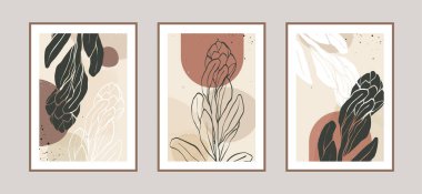 Duvar dekorasyonu, kartpostal ya da broşür kapağı tasarımı için farklı şekillere sahip modern soyut yaprak çizgisi sanat arka planı. Vektör çizimleri tasarımı.