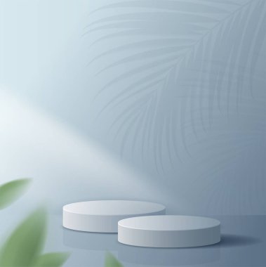 Ürün sunumu markalaştırma ve paketleme sunumu için kozmetik mavi arkaplan ve premium podyum. Stüdyo sahnesinin arka planında yaprak var. vektör çizimi tasarımı