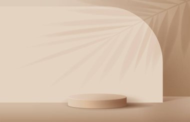 Kozmetik açık kahverengi arkaplan ve ürün sunumu markalaşma ve paketleme için premium podyum. Stüdyo sahnesinin arka planında yaprak var. vektör çizimi tasarımı