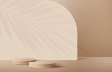 Kozmetik açık kahverengi arkaplan ve ürün sunumu markalaşma ve paketleme için premium podyum. Stüdyo sahnesinin arka planında yaprak var. vektör çizimi tasarımı
