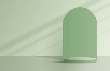 Ürün sunumu markalaştırma ve paketleme sunumu için kozmetik yeşil zemin ve premium podyum görüntüsü. Arka planda gölgesi olan stüdyo sahnesi. vektör çizimi tasarımı