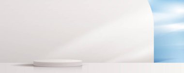 Ürün sunumu, markalaşma ve paketleme için kozmetik gri arka plan ve premium podyum görüntüleme. Yaprağın gölgesi ve gökyüzü arkaplanı olan stüdyo sahnesi. vektör tasarımı