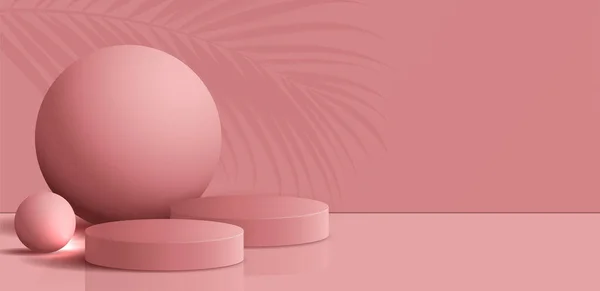 Ürün sunumu, markalaşma ve paketleme sunumu için kozmetik pembe arkaplan ve premium podyum. Stüdyo sahnesinin arka planında yaprak var. vektör çizimi tasarımı