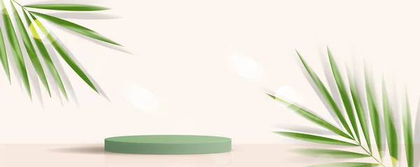 Ürün sunumu, markalaşma ve paketleme sunumu için kozmetik arka plan ve premium podyum görüntüsü. Stüdyo sahnesinin arka planında yaprak var. vektör çizimi tasarımı