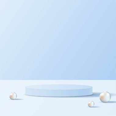 Ürün sunumu markalaşma ve paketleme için kozmetik mavi arkaplan ve premium podyum görüntüleme. İnci vektör tasarımlı stüdyo sahnesi