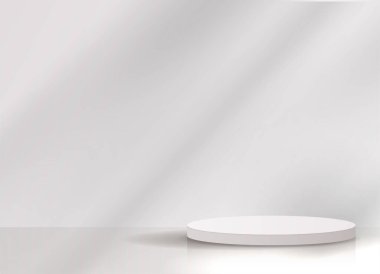 Ürün sunumu markalaştırma ve paketleme sunumu için kozmetik mavi arkaplan ve premium podyum. Stüdyo sahnesinin arka planında yaprak var. vektör çizimi tasarımı