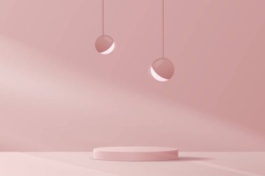 Ürün markalaştırma ve sunumu için kozmetik pembe arka plan minimal ve premium podyum. Küresel ışıkları olan boş bir sahne. Gölgeli stüdyo sahnesi. vektör tasarımı