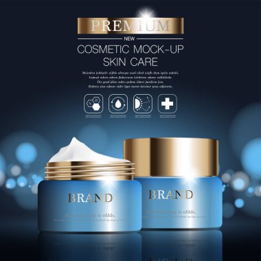 Yıllık indirimli yüz kremi ya da festival satışı için. Işıltılı parçacıkların arka planında izole edilmiş mavi ve altın rengi krema şişesi. Zarif kozmetik reklamları, illüstrasyon.