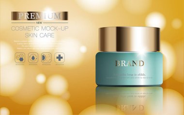 Yıllık indirimli yüz kremi ya da festival satışı için. Işıltılı parçacıkların arka planında izole edilmiş yeşil ve altın rengi bir maske şişesi. Zarif kozmetik reklamları, illüstrasyon.