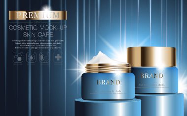 Yıllık indirimli yüz kremi ya da festival satışı için. Işıltılı parçacıkların arka planında izole edilmiş mavi ve altın rengi krema şişesi. Zarif kozmetik reklamları, illüstrasyon.