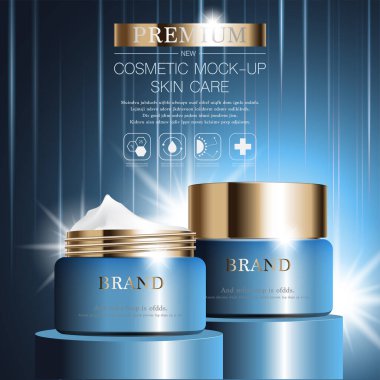 Yıllık indirimli yüz kremi ya da festival satışı için. Işıltılı parçacıkların arka planında izole edilmiş mavi ve altın rengi krema şişesi. Zarif kozmetik reklamları, illüstrasyon.