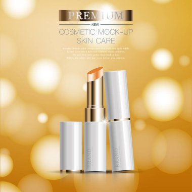 Yıllık satış ya da festival için yüz ruju nemlendirici. Beyaz ve altın rengi ruj maskeli bir şişe. Arkaplanda parıltı parçacıkları var. Zarif kozmetik reklamları, illüstrasyon.