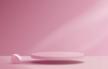 Ürün markalaştırma ve paketleme sunumu için kozmetik açık pembe arka plan minimal ve premium podyum görüntüsü. Stüdyo sahnesinin arka planında yaprak var. 3B illüstrasyon tasarımı.