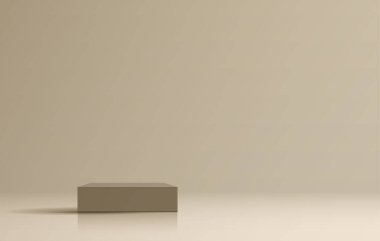 Ürün markalaştırma ve paketleme sunumu için kozmetik açık kahverengi arka plan minimal ve premium podyum görüntüleme. Stüdyo sahnesinin arka planında yaprak var. 3B illüstrasyon tasarımı.